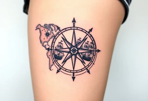 antique compass rose overlaid on weathered world map with sailing ships tattoo idea