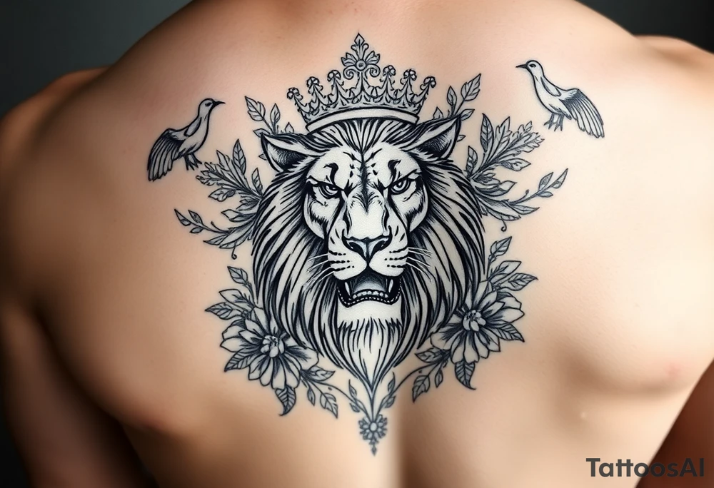 powerful majestic lion with a crown, surrounded by floral ornaments and birds tattoo idea
