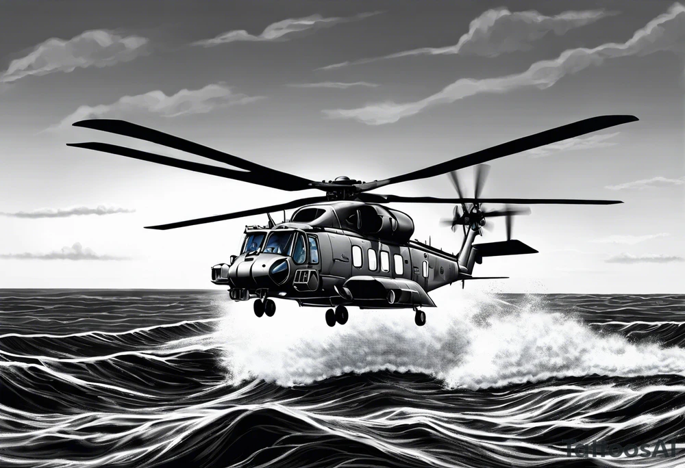 canadian military grey helicopter cyclone CH-148, a helicopter flying over rough water, Clear sky, sunset
, military art, ocean specular, highly detailed background, tattoo idea
