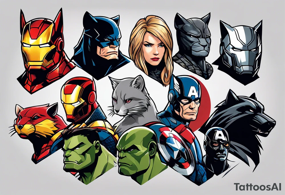 I want to change Avengers Team characters with animals. Hulk will be Badger, Thor will be Alpha Grey Wolf, Captain America will be Bull, Iron Man will be Canary, Black Widow will be Axolotl, Hawk Eye will be Sudan Plated Lizard and Nick Fury will be Cat. tattoo idea