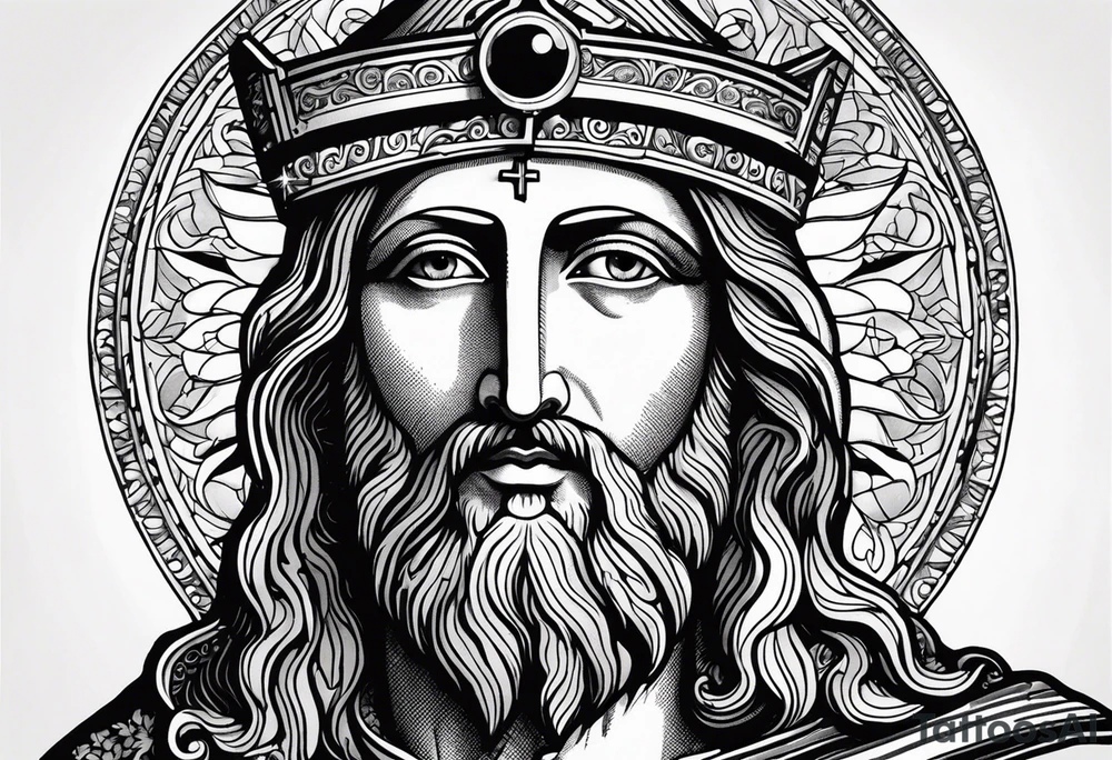 haloed head of a flat stern Byzantine Christ with all-demanding eyes. tattoo idea