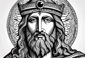 haloed head of a flat stern Byzantine Christ with all-demanding eyes. tattoo idea