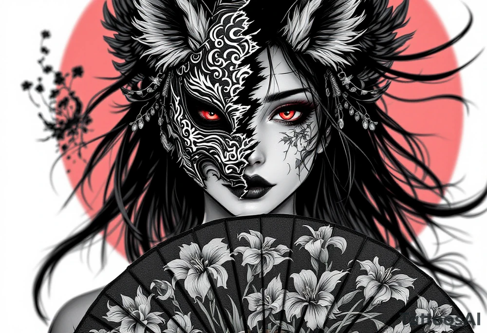 Woman samurai with red eyes wearing an half and broken kitsune mask, holding a japanese fan with Iris flowers tattoo idea