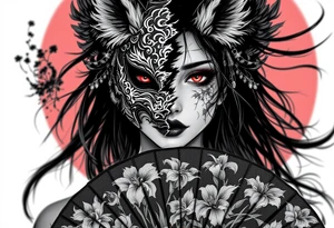 Woman samurai with red eyes wearing an half and broken kitsune mask, holding a japanese fan with Iris flowers tattoo idea