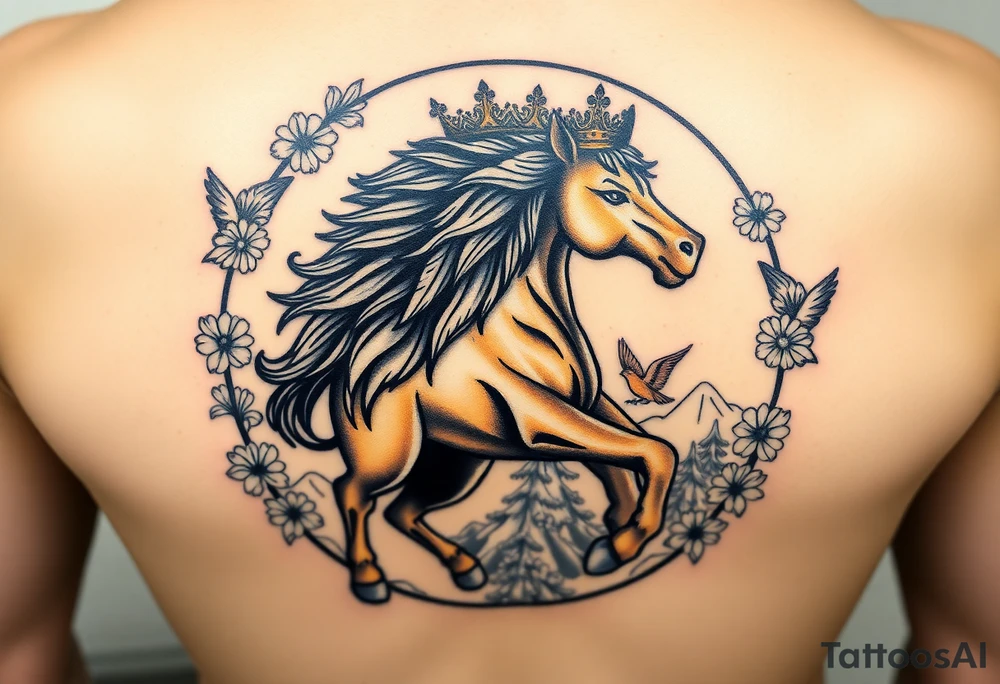 powerful majestic lion with a crown, surrounded byA golden mustang horse with black mane and legs, captured in motion inside a circle. The mountains and nature should frame the design, blending with the horse's black fur as a base to represent the landscape. Experiment with using the black fur to shape the mountains, playing with edges or interior details. floral ornaments and birds tattoo idea