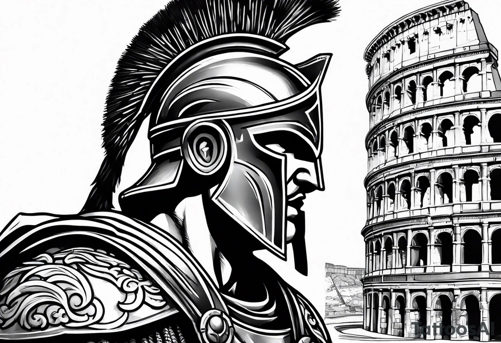 Side profile of spartan soilder with Roman buildings wrap tattoo idea