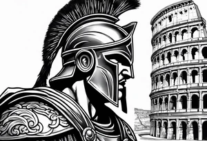 Side profile of spartan soilder with Roman buildings wrap tattoo idea