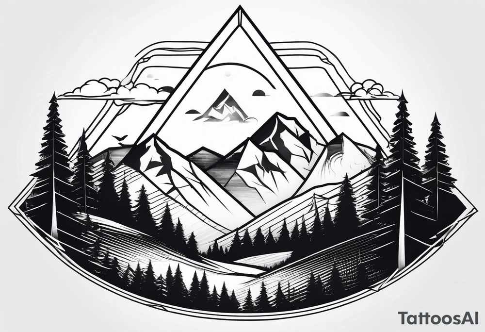 A minimalistic image of a mountain landscape enclosed in a triangle. Clear lines, one or two layers for depth. tattoo idea