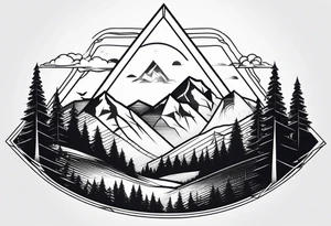 A minimalistic image of a mountain landscape enclosed in a triangle. Clear lines, one or two layers for depth. tattoo idea