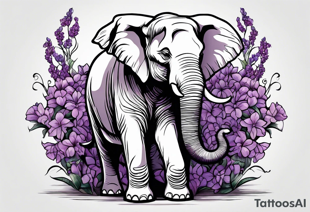 Seated elephant with raised trunk holding lilacs tattoo idea