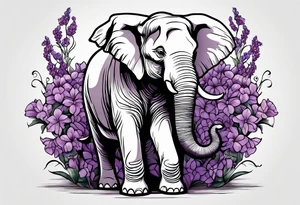Seated elephant with raised trunk holding lilacs tattoo idea
