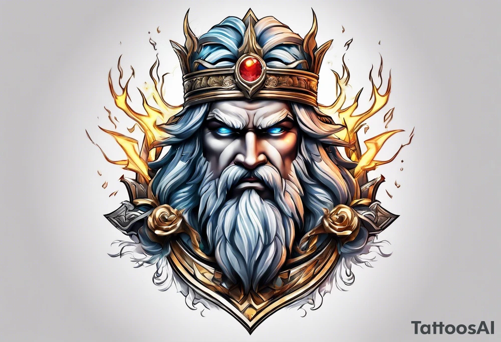 Zeus tattoo with lighting eyes, angry and holding lighting bolts tattoo idea