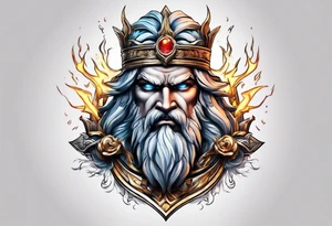 Zeus tattoo with lighting eyes, angry and holding lighting bolts tattoo idea