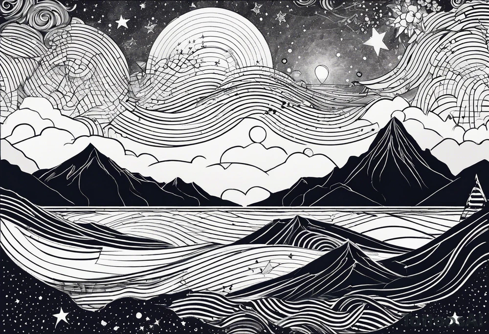 Mountain, sea waves, space with two littel Stars, geometrical Firma dashed lines overlapping tattoo idea