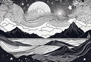 Mountain, sea waves, space with two littel Stars, geometrical Firma dashed lines overlapping tattoo idea
