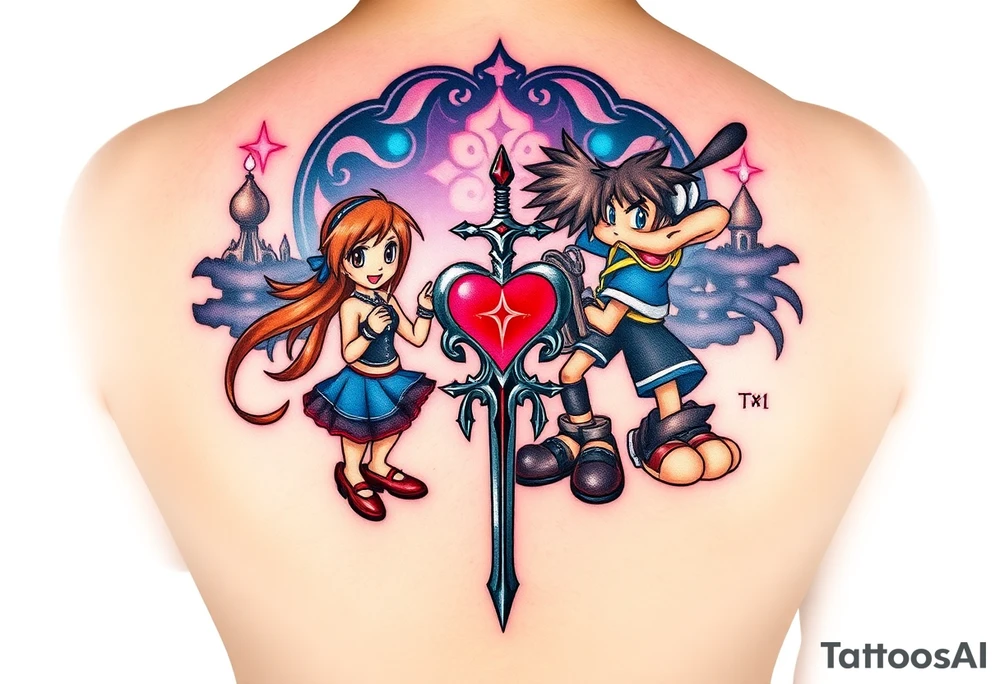 custom Kingdom Hearts tattoo design featuring Sora, Kairi, Riku, Donald, and Goofy together in a dynamic, united pose. The centerpiece should include the Heartless Keyblade, with a beautiful and ethereal Kingdom Hearts-inspired background—think glowing stars, floating islands, and stained-glass elements. The design should capture themes of friendship, light vs. darkness, and adventure. Style should be detailed, fantasy-oriented, and suitable for a large piece (like an upper arm sleeve or back piece).” tattoo idea