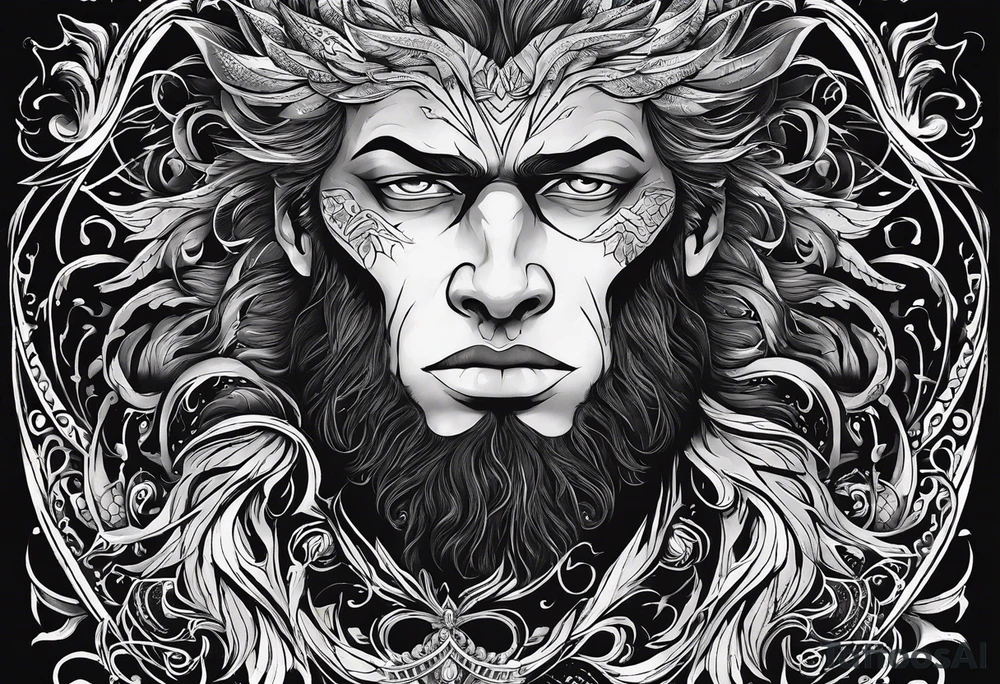Creator for me a tatto design that consist in the following description, a man being held by the neck by his heart representing the emotions and fellings that make him stuck inside himself, on his side a beast represeting the rage and inner fury inside, glowing with all the mistakes that were made. On the other side a angelical creature, try to preserve the good side of him, and wanting him to follow a good path. tattoo idea