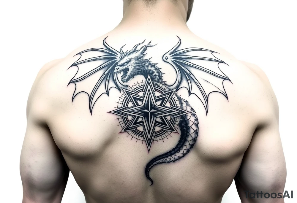 Masculine beautiful painterly dragon with celtic star tattoo idea