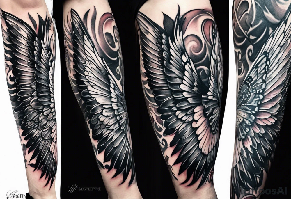 Leg sleeve Angel wing and butterfly tattoo idea
