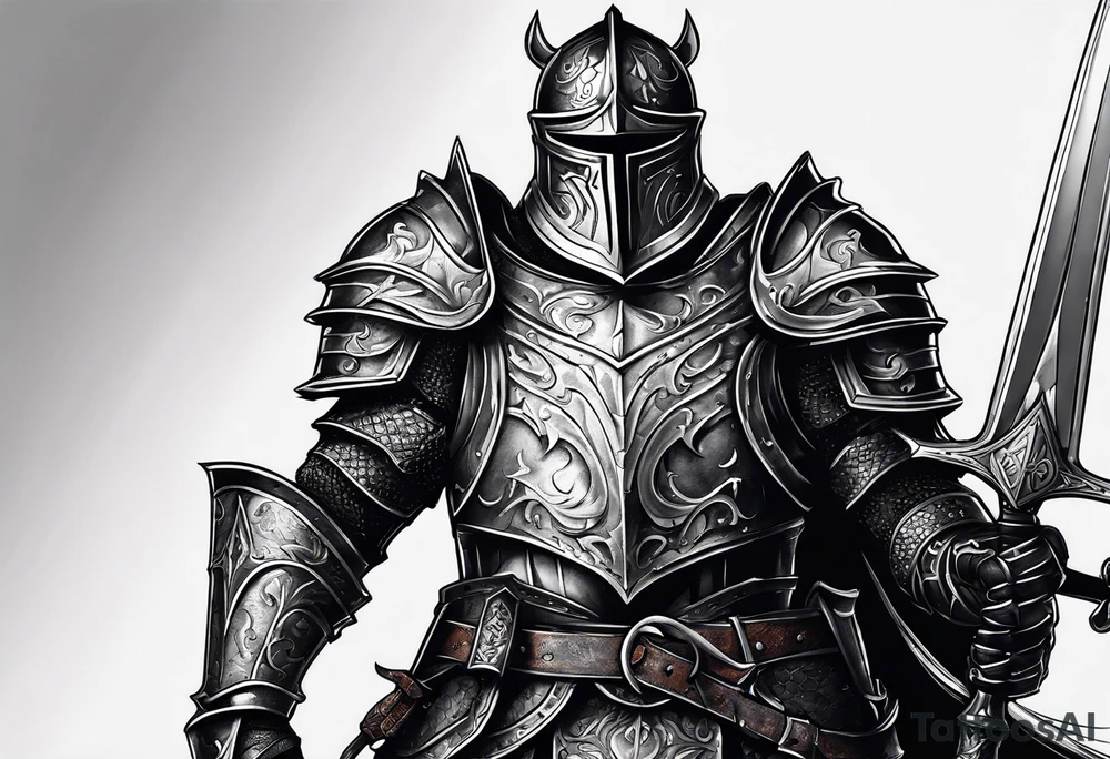 dark fantasy style knight in armor savage warrior, inner bicep tattoo design tattoo idea