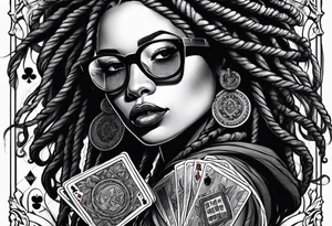 woamn with dread locks and un glasses playing cards and dice tattoo idea
