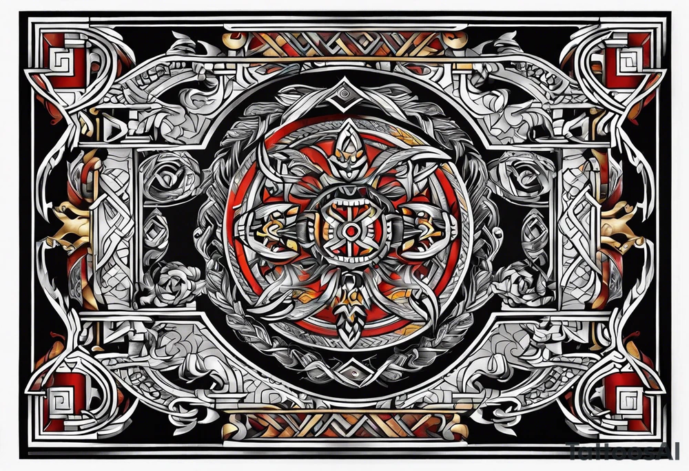 Viking geometric tapestry tattoo idea