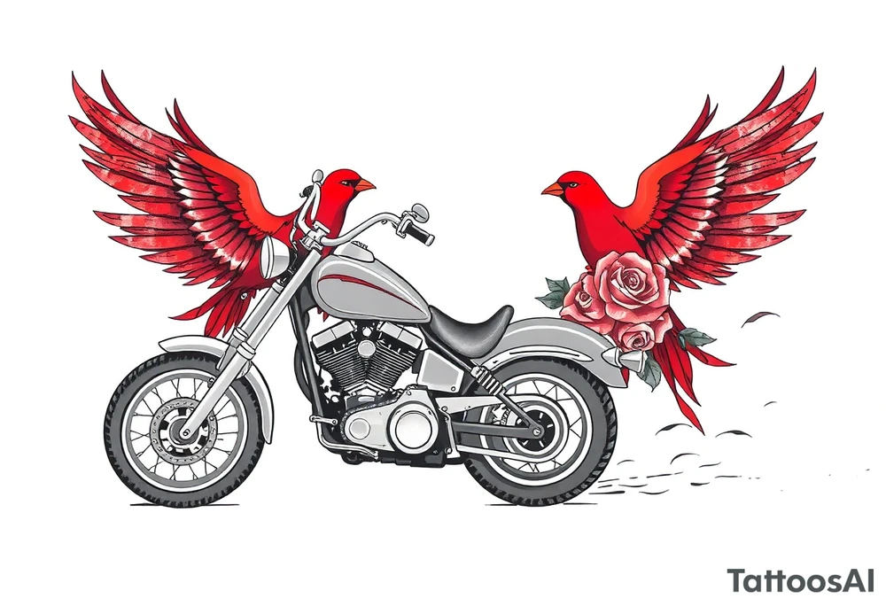 Harley grey motorcycle driving away, two red birds flying, roses, flames, angel wings tattoo idea