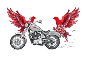 Harley grey motorcycle driving away, two red birds flying, roses, flames, angel wings tattoo idea