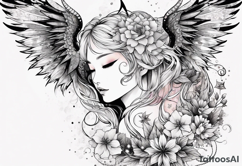 Constellation, wing , snow , cross , dragon female japan kawaii , flower tattoo idea
