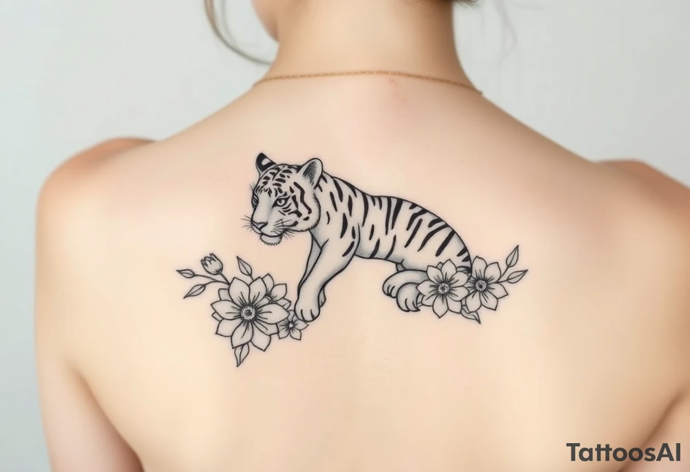 a whole tiger with some flowers around it tattoo idea