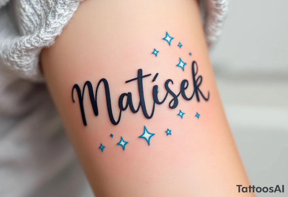 Matýsek in playful handwritten font, with light blue stars scattered around it. tattoo idea