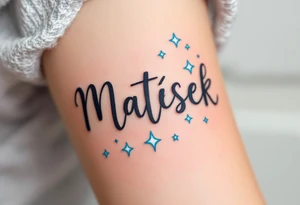 Matýsek in playful handwritten font, with light blue stars scattered around it. tattoo idea