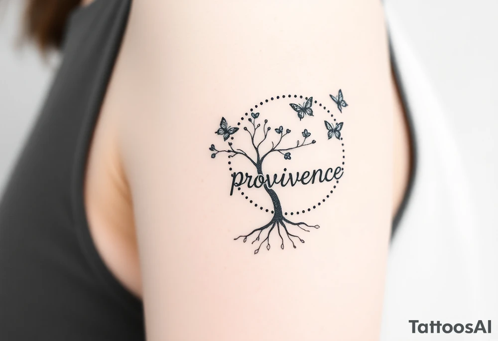 a tree of life that has small roots but its roots lead into a dotted circle with three butterflies coming out of the top right of the circle and the word “providence” is written in fancy letters on the outside of circle but curving around the circle on the left side tattoo idea