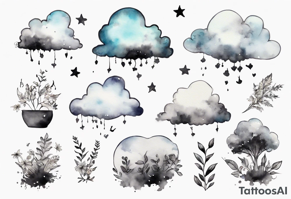 cloud with little plants and the date 12.08.05 tattoo idea