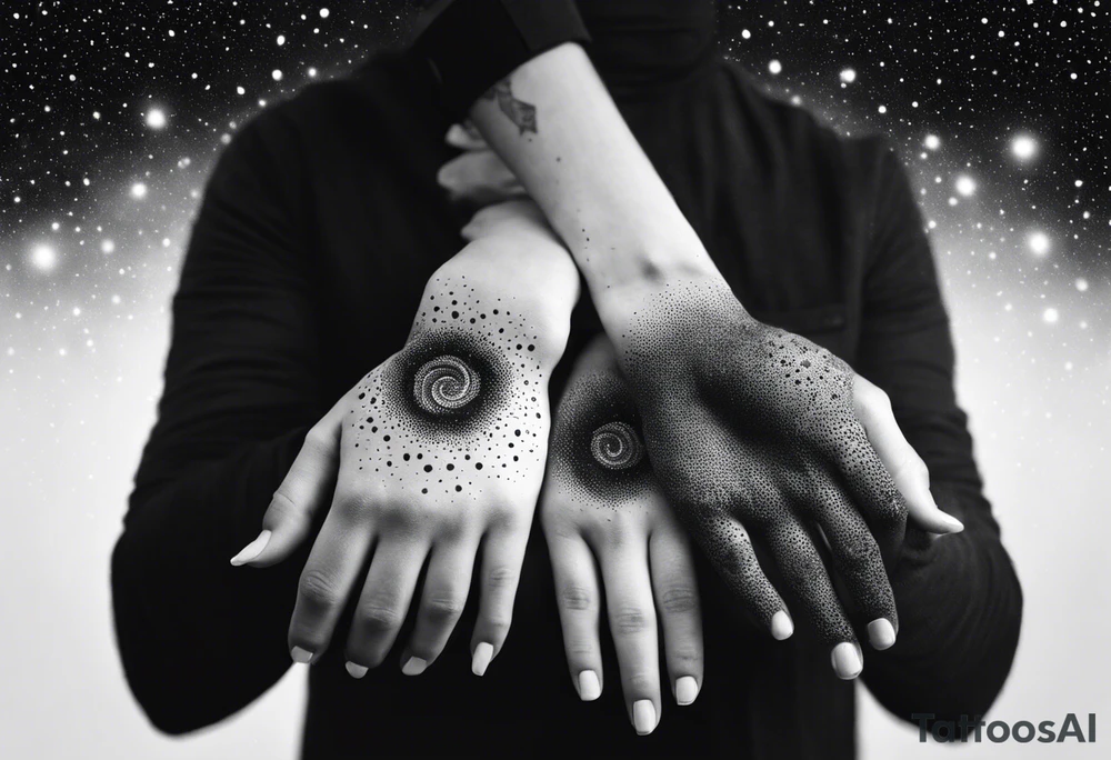 Adam's hands that create a galaxy in Dotwork style tattoo idea