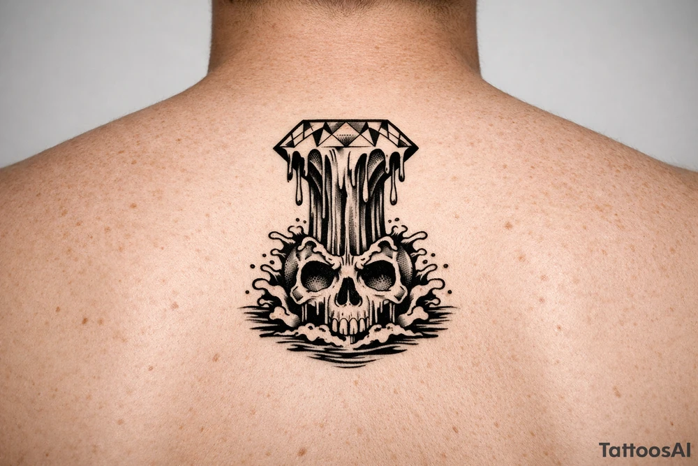 Diamond melting like a colorful waterfall running into a waterfall skull tattoo idea