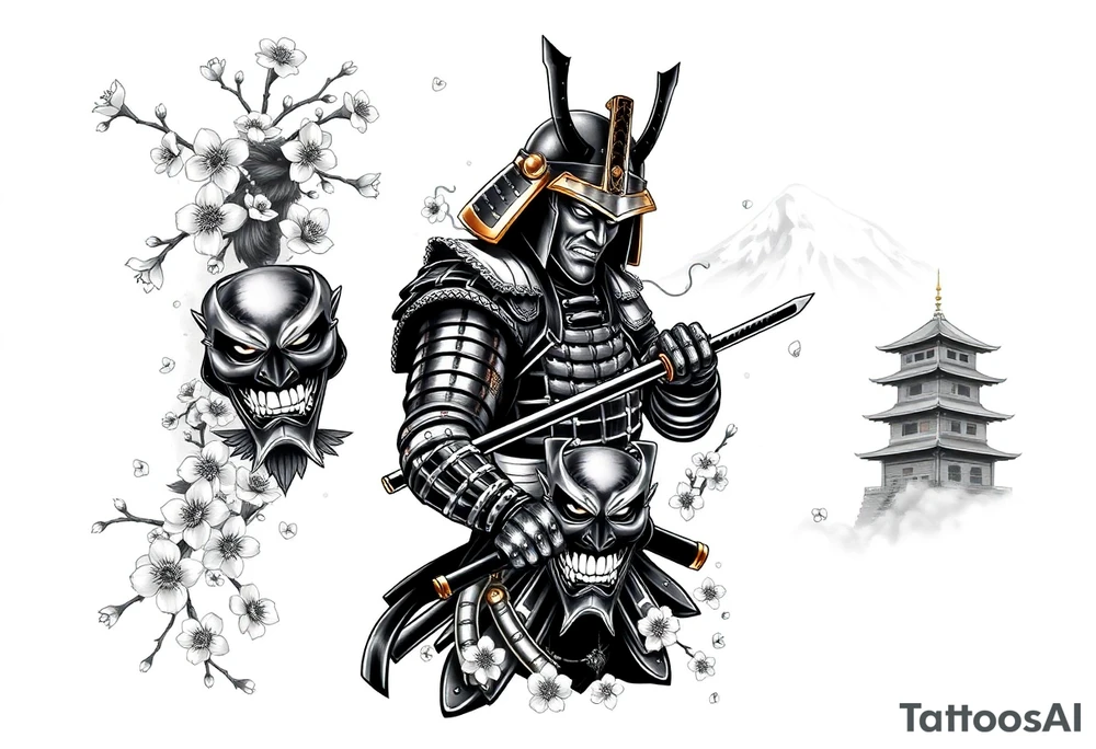 Design a detailed, all-black full arm sleeve tattoo featuring a traditional Japanese theme. The central figure is a fierce, heroic Japanese samurai warrior in full armor, wielding a katana. The samurai is positioned in a dynamic stance, as if preparing for battle, with intricate armor details like gold accents (only hinted in black shading) and ornate plating. Surrounding the samurai, delicate cherry blossoms bloom in full detail, their petals scattered across the sleeve with soft, swirling wind patterns. In the background, traditional Japanese structures, such as a pagoda, are subtly integrated, standing tall against a backdrop of misty, towering mountains that dominate the upper arm and shoulder area.

The sleeve also includes a highly detailed, intimidating Oni mask positioned on the inner forearm. The Oni mask has sharp, exaggerated features with heavy black shading, showing off its menacing grin and fiery eyes. Thin smoke or mist trails from the mask, weaving around the sleeve and merging with the surrounding elements. The overall design flows naturally, with the elements blending into each other seamlessly, using dark, dense shading to create depth and contrast, while maintaining a sense of movement and balance throughout the arm tattoo idea
