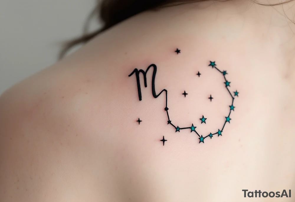 A minimalist Virgo zodiac sign in burnt sienna is followed by a sweeping arc of teal stars forming the constellation. tattoo idea