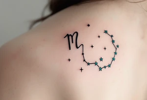 A minimalist Virgo zodiac sign in burnt sienna is followed by a sweeping arc of teal stars forming the constellation. tattoo idea