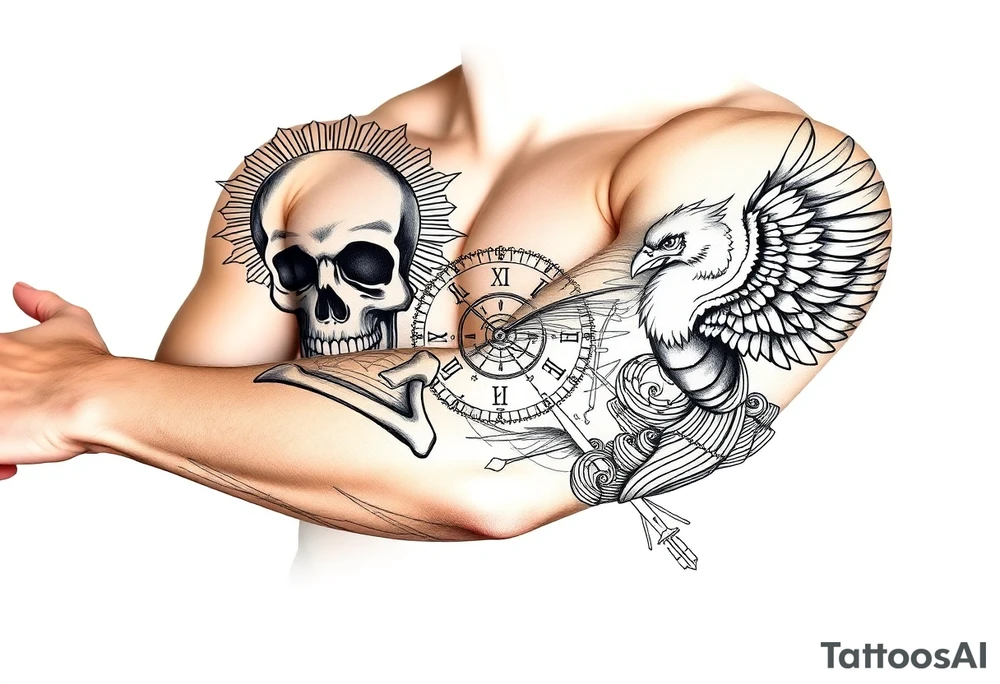 Skull and crossbones, sun, phoenix, clock face tattoo idea