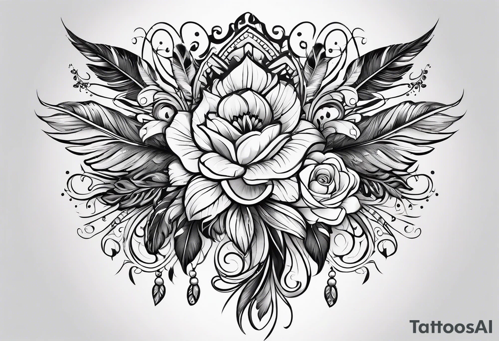western pattern with feathers and flowers tattoo idea