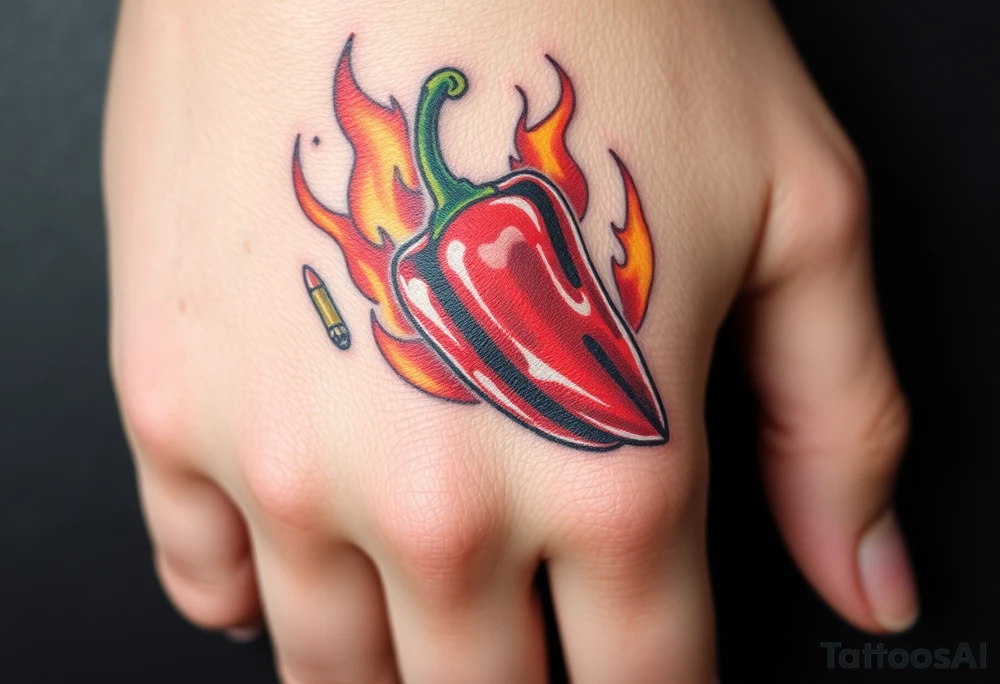 Chili pepper with flames and raining bullets in the background tattoo idea
