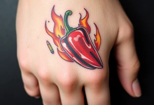 Chili pepper with flames and raining bullets in the background tattoo idea