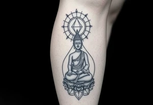 full leg tattoo with buddha above knee, using sacred geometry and space themes tattoo idea