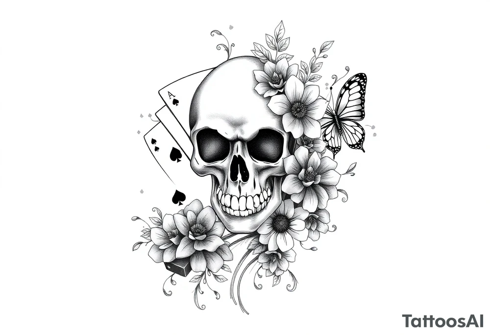 Casino only theme , poker chips deck of cards dice a skull with flowers with raindrop swirls and butterfly’s tattoo idea