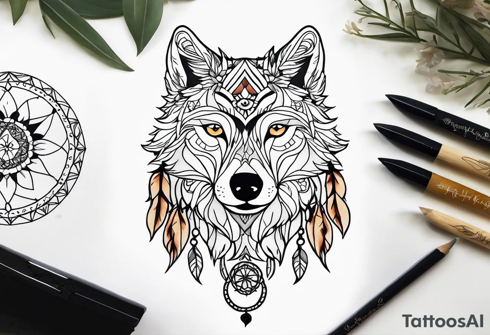 A whimsical wolf tattoo featuring mandala or dream catcher elements, with the wolf as the central focus, surrounded by mountains in the background. Include flowers and nature elements to fill the space around the wolf. Some color but not completely solid bold color tattoo idea