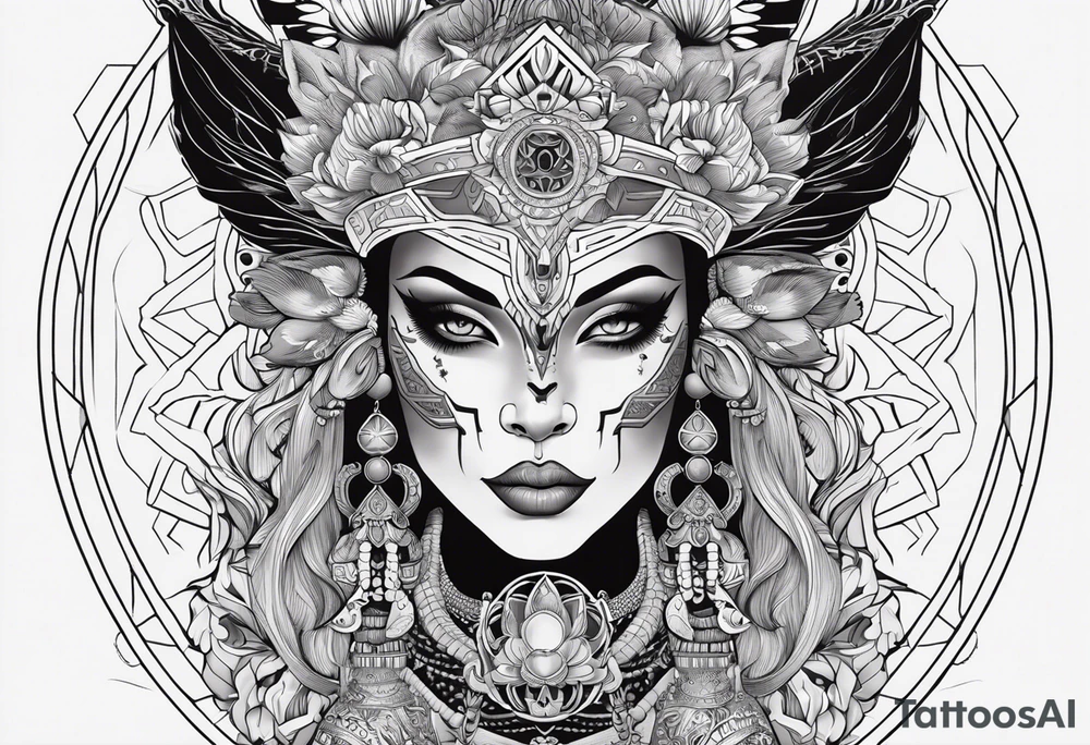 kali ma, alien goddess, valkrye, aries, pirate, divine feminine, zenza resonance, pachamama, lotus azul, blank panther, eagle, skull, 5D, nueva gaya, dna 12 tattoo idea