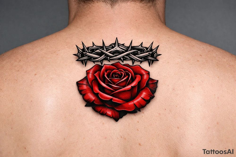 Red rose, no stem, leaves , American traditional style
Put something on top like a crown shaped thorns tattoo idea