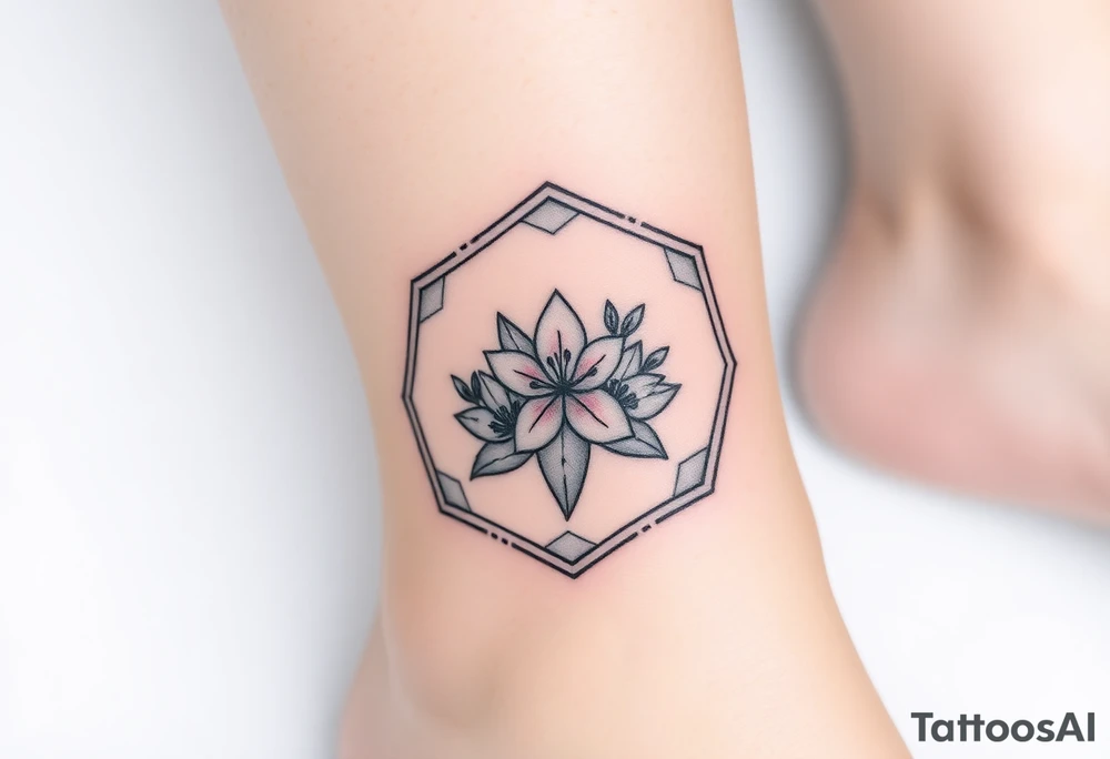 Faint Hexagon with Leo, larkspur and water lilies in the center tattoo idea