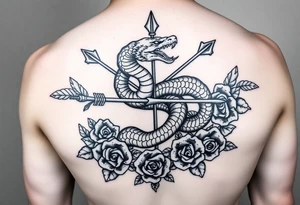 snake with bow and arrow with dragon around chest and have roses as background
, tattoo idea